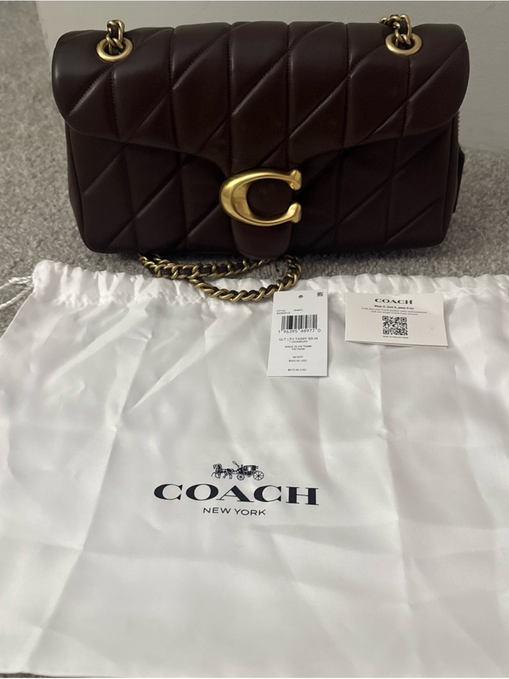 Coach Quilted Leather Shoulder Bag in Burgundy with Gold Hardware